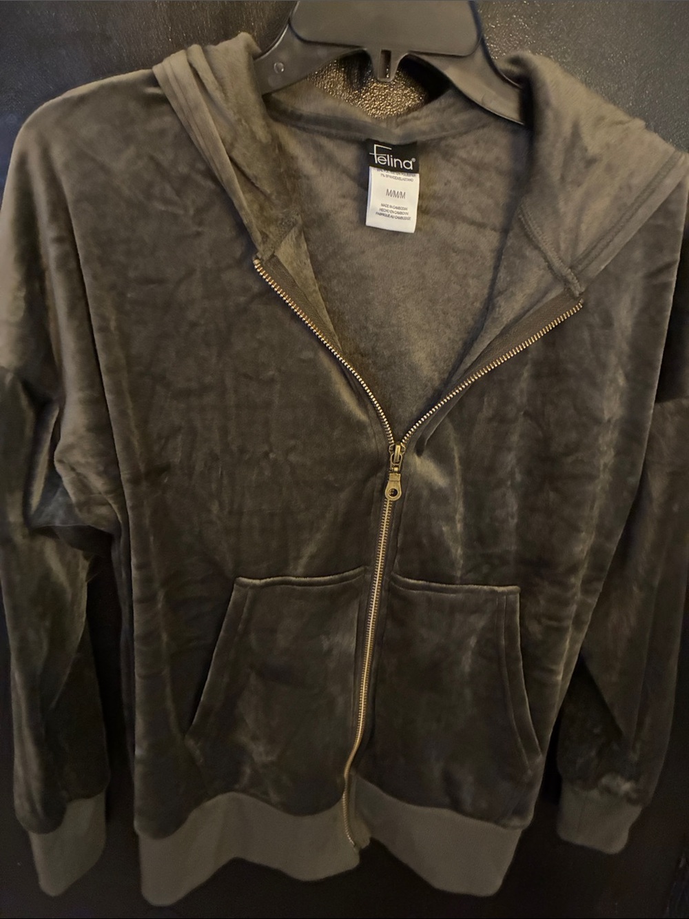 Felina Charcoal Velour Zip Hoodie M Very Soft